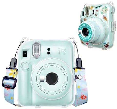 HIYQIN Clear Case Compatible with Fujifilm Instax Mini 12 Instant Camera, Clear Crystal Hard Shell with Shoulder Strap and Funny Sticker (Clear+Green)