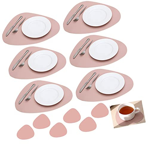 Set di 6 Tovagliette e Sottobicchieri Sottopiatto in Pelle PU, Ovali, Lavabili, Effetto Pelle, Antiscivolo, per Casa, Ristorante, Cucina, Argento, Rosa
