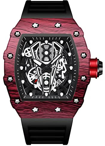FORSINING Modische Quarzuhr für Herren, Skelett, rechteckig, großes Zifferblatt, analog, Herren-Armbanduhr, lässig, Business, Silikonband, Militäruhren, Rot B, Armband
