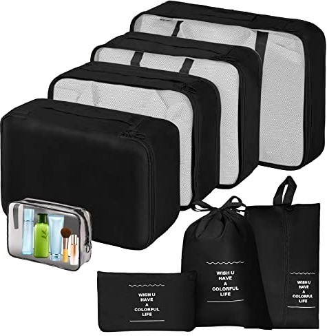 Sarsumir Koffer Organizer Set Packing Cubes, 8 Stück Reise Packwürfel Kofferorganizer Compression Packtaschen für Koffer mit Wasserdicht Schuhbeutel Kleidertaschen, Schwarz