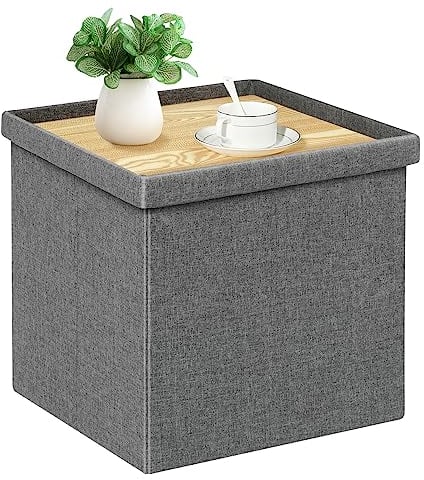 Bonlife Grey Ottoman Coffee Table,Toy Storage Box with Lid,Foldable Stool Seat Footstool with Storage,for Living Room,Bedroom,40.5x38.5x38cm