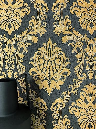 NEWROOM Tapete Schwarz Vliestapete Ornamente - Mustertapete Modern Gold Glänzend Retro Vintage Vintage Orientalisch inkl. Tapezier-Ratgeber