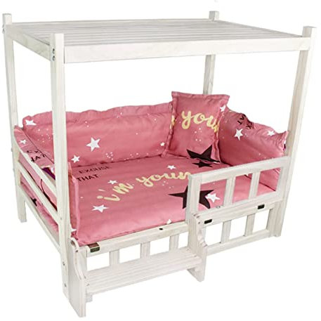 OQOPO Hundebett aus Holz 2-stöckiges, erhöhtes Hundebett aus Holz, Beistelltisch, Aufbewahrungsplattform, Regal mit waschbarer Bettwäsche für mittelgroße und kleine Hunde Erhöhtes Hundebett