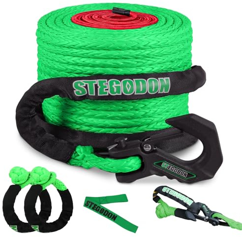 STEGODON Kit di corda sintetica per verricello da 1/2 x 25,9 m, cavo Dyneema da 14,515 kg con gancio morbido, gancio per verricello e cinghia di sicurezza per traino auto, kit di cavi di recupero per