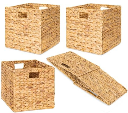 DAJAMAI 10.5'' Foldable Large Cube Water Hyacinth Wicker Storage Baskets with Handles and Built-in Metal Frame, 4 Pcs Stylish and Durable Hand Woven Bin Perfect for Shelves and Living Room Organizing