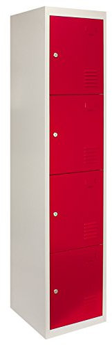 Casiers Métalliques Rouge & Gris 4 Portes Verrouillable pour Ecole, Vestiaire, Salle de Sport, Atelier [Clés & Aimants INCLUS] - Facile à Monter