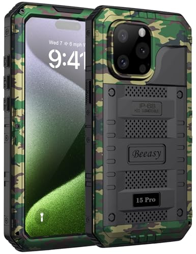 Beeasy für iPhone 15 Pro Hülle Wasserdicht Outdoor Stoßfest Metall Schutzhülle, Militär 360 Grad Panzerhülle Staubdicht mit Displayschutz Robust Hardcase Heavy Duty Handyhülle Case 6,1, Camouflage