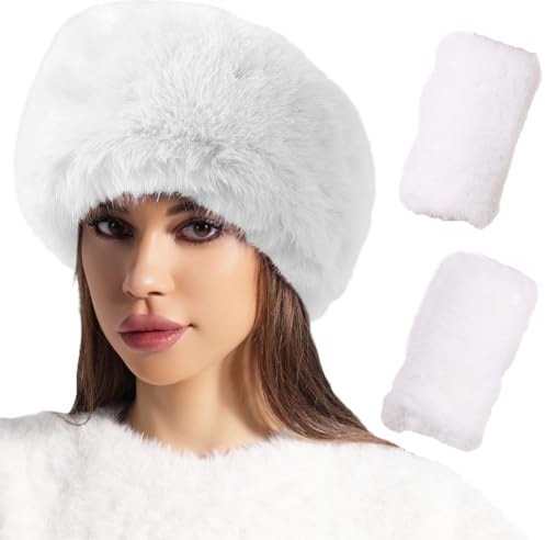 Hifot Fellmütze Stirnband Winter mit Fingerlose Handschuhe, Kunstfell Ohrenwärmer Damen mit Handschuhe Ohne Finger, Ohrenschützer Russische Mütze Pelzmütze Winter Kostüm