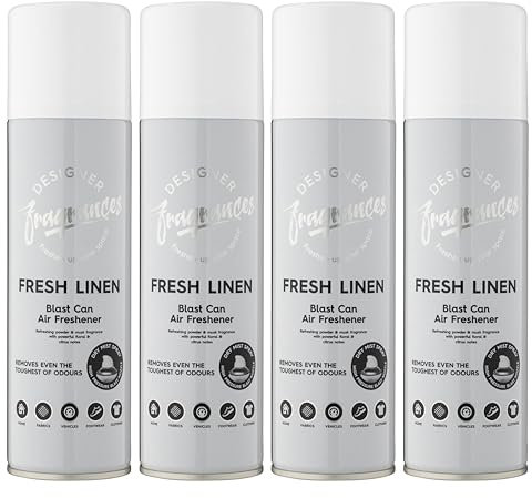 Designer Fragrances 4 Pack Fresh Linen Air Freshener Blast Cans - For Home & Vehicles – Natural Oils, Luxury Lasting Smell, Dry Mist Quick Release Spray – Deodorise & Neutralise Odours – 300ml