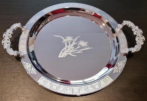Bandeja Oriental Redonda con Asas y Grabados Hecha de Metal 46cm - Bandeja de té marroquí en el Color Plata - Decoración Oriental en la Mesa de Servicio medianaa