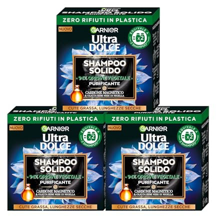 Garnier Ultra Dolce Shampoo Solido Purificante per Capelli con Cute Grassa e Lunghezze Secche Carbone Magnetico Olio di Semi Neri di Nigella Vegan Ingredienti 94% Origine Naturale - 3 Saponette da 60g
