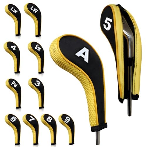 12 pieces Golf Head Covers, 3-9, Pw, Aw, Sw, Lw, Lw, Waterproof Zippered Golf Club Head Cover Protective Cover, Wedge Head Cover with Number Label Golf Accessory for Men Women (yellow)