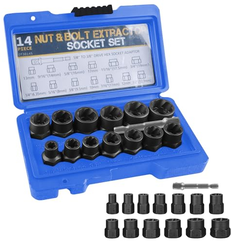 PRITOK Set di estrattori per dadi da 14 pezzi, set di estrattori per viti a spirale, estrattore per la rimozione di dadi danneggiati, arrugginiti (6,35 – 19 mm) (blu)