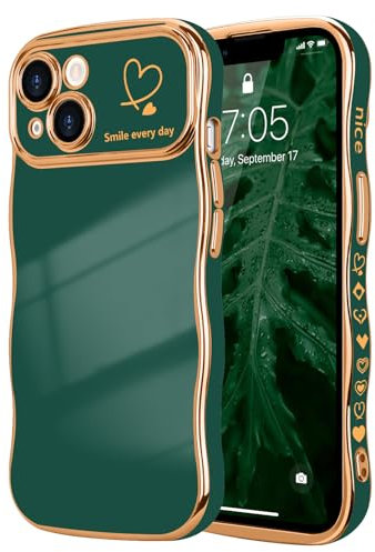 LCHULLE for iPhone 13 Case for Women Girls,Cute Curly Wave Frame Shape Love Heart Pattern Phone Case,Raised Camera Protection Case Luxury Plating Shockproof Cover for iPhone 13 6.1,Dark Green