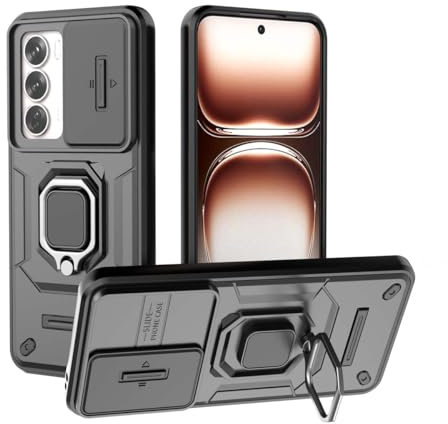 PEIYE Hülle für Oppo Reno 12 5G, Stoßfeste Armor Handyhülle mit Silikon & Hard PC, Schutzhülle Cover Case Bumper, 360° Ringständer & Objektiv-Schutzschieber (Schwarz)