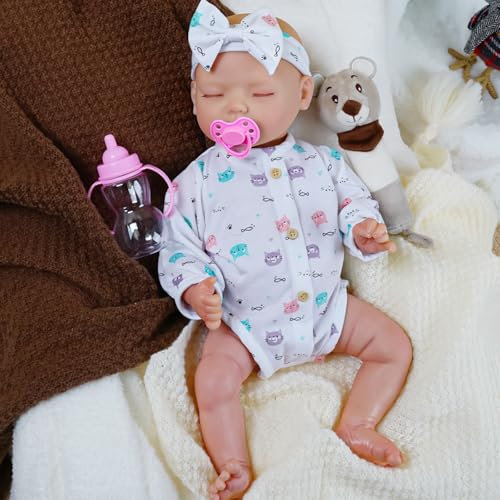 fisca Reborn Baby Puppen für Mädchen, 17 Zoll Schlafende Neugeborene Baby Puppen mit Schwerkraft Sensing Sound Funktion, Echtes Aussehen Lebensechte Baby Mädchen Puppen mit Weichen Körper