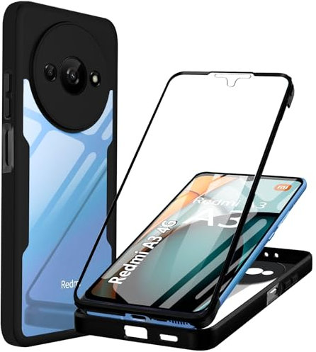 WeiCase Coque pour Xiaomi Redmi A3 / redmi A3X, Transparent Housse avec Protection écran, 360 Degrés Double Protection Antichoc Coque Silicone Intégrale Etui pour Redmi A3, Noir
