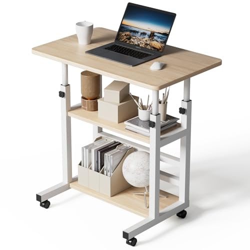 Warmiehomy Height Adjustable Computer Desk Table Movable Office Desk with Wheels,Laptop Table Study Gaming Desktop Workstation 2 Shelves for Home Office Furniture,60x37x60-90cm Maple