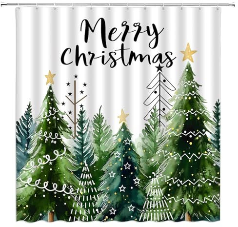 GCTNBJL Weihnachts-Duschvorhang, Motiv: Weihnachtsbaum, Aquarell, Natur, Wald, Schneeflocke, rustikal, Winter, Badezimmer, Zuhause, Vorhang mit Haken, 178 x 178 cm