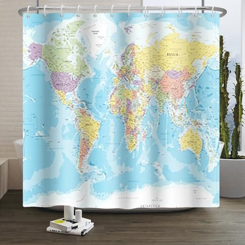 Xiaoterna Cortina de Baño Mapamundi Cortina de Baño Continentes del Océano Azul Cortina de Baño Mapa del Mundo Cortina de Ducha Educativa de Geografía Tejido Impermeable Lavable a máquina 180x200cm