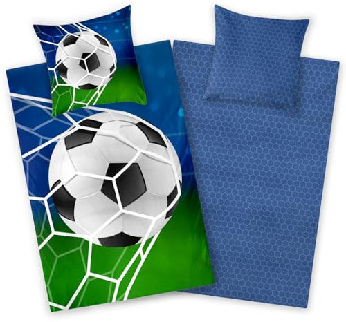 Aminata kids - Biber Bettwäsche 135x200 Jungen Fussball-Motiv Junge, Jungen, Jungs, Teenies & Jugendliche - Baumwolle, Biber-Kinder-Bettwäsche-Set Flanell grün blau - warm, weich & kuschelig
