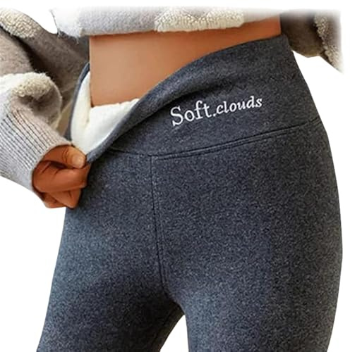 Goodwillbrave Lammfell-Winterleggings,Dehnbare Thermo-Strumpfhose mit hoher Taille und Bauchkontrolle,Weiche Fleece-Leggings in Übergröße mit Wolkenmuster für Damen (L,Dunkelgrau)