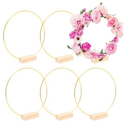 Pilikoll 20cm Gold Blumenkranz Makramee Ringe mit Holzständer Gold Metallringe zum Basteln Makramee Ringe Metall Deko Ringe DIY Floral Hoop mit Holzsockel für DIY Handwerk, Makramee (6 Stück)