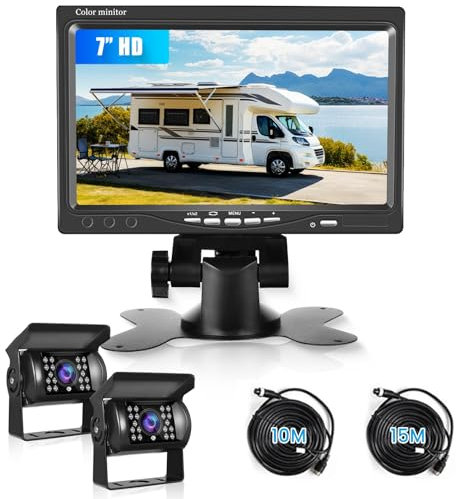 Telecamera Retromarcia 7 Pollici HD Monitor 2 Telecamere, IP69 Impermeabile IR Visione Notturna Telecamera di Retromarcia per Camion, Autobus, Furgoni, Camper, Pickup, 10M Cavo + 15M Cavo