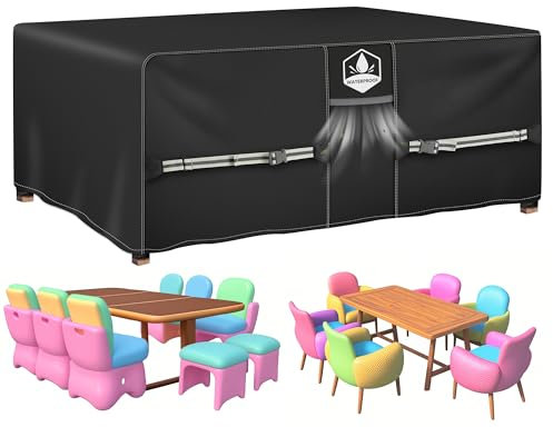 Rimwig Garden Furniture Covers Waterproof, 180X120X74cm Outdoor Patio Table Cover with Air Vent 420D Oxford Heavy Duty, Rattan Furniture Cover for Outside Table and Chair Rectangular