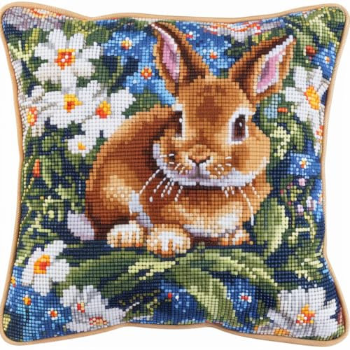 Walluminati Gestempelte Stick-Kissenbezüge, Tier-Hase, Kreuzstich-Kissenbezug, Stickset, Kissenbezüge, 11-fädig, Kreuzstich-Kissenbezug-Set für Erwachsene und Anfänger, 45,7 x 45,7 cm
