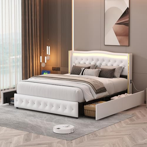 Julyue Letto matrimoniale 140 x 200 cm con rete illuminazione a LED e ricarica USB, letto imbottito con 4 cassetti, letto matrimoniale matrimoniale moderno e funzionale, con rete a doghe in PU