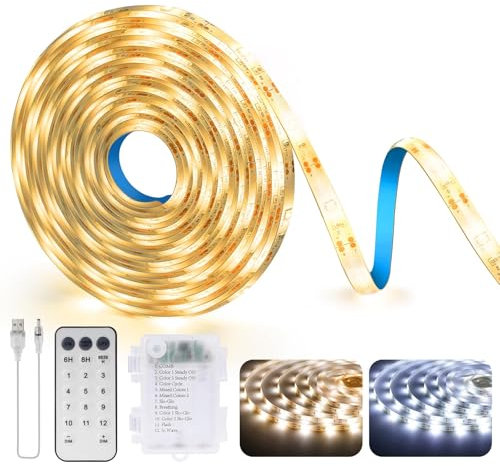 StarryEver LED Streifen Batterie, 3M 90LED kabellose LED Strip Lights mit Fernbedienung, Selbstklebende Lichtleisten, Dimmbar, 2 Farbe und 12 Modi für Regale, Schubladen, Garderoben, Flure