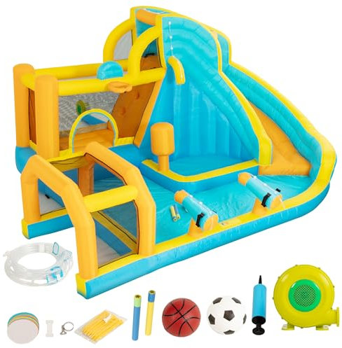 UEV 8 en 1 Château Gonflable XXL avec Souffleur 450W, Aire de Jeux Gonflable avec Toboggan, Zone de Saut, pour Max 4 Enfants de 3-8 Ans, Jusqu'à 180kg, 445 x 345 x 215cm
