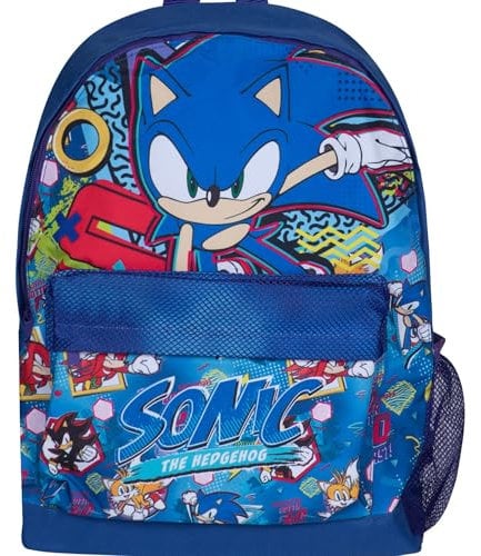 Sonic The Hedgehog Kinder-Rucksack für Jungen und Mädchen, Premium-Schulrucksack mit Netz-Wasserflaschentasche, großes Fassungsvermögen, mehrfarbig, offizielle Sega-Reisetasche