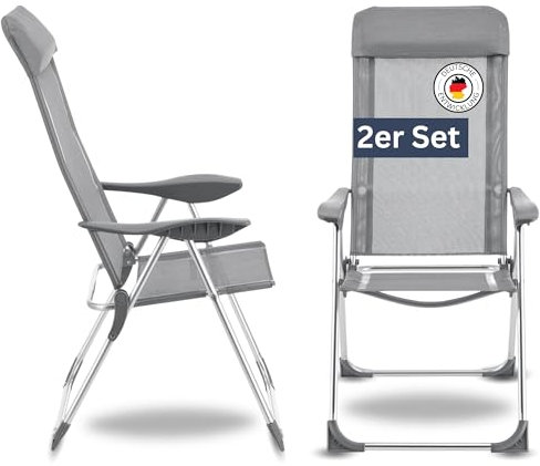 DELUKE® 2er Set Gartenstuhl Hochlehner mit Kopfkissen - Verstellbare Rückenlehne | Gartenstühle klappbar Hellgrau Outdoorstühle Klappstühle Campingstuhl klappbar