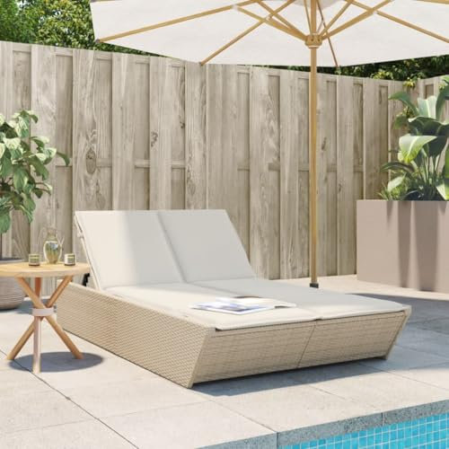 Fasba Doppel Sonnenliege, Gartenliege mit Auflagen, Doppelliege für Garten Terrasse, Relaxliege Sonnenbett Gartenmöbel, Beige Poly Rattan