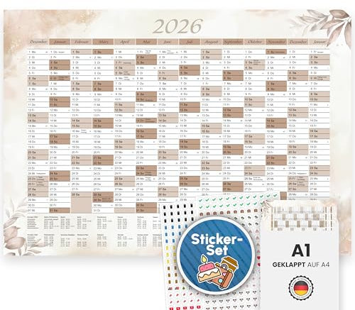 XXL Jahreskalender 2026 + Januar 2027 Jahresplaner in A1 Wandkalender im beigen Design mit Feiertagen & Ferien gefalzt geliefert inkl. 2 Stickerbögen mit 408 Stickern ideal für Familie Büro & Planung
