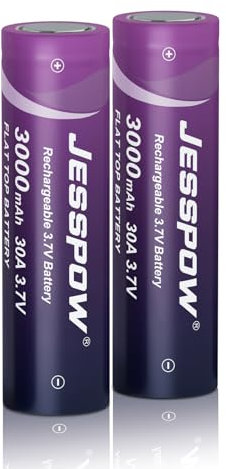 3.7 Volt Piles Rechargeables, 30A, 3000 mAh Batteries Haute capacité pour Lampe Frontale LED, Voiture télécommandée (Haut Plat, 2Pcs)