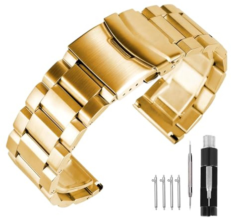 Kai Tian Uhrenarmband aus massivem Edelstahl, gebürstete Schnalle, Faltschließe, Armband für Damen und Herren, 18 mm, 20 mm, 22 mm, 24 mm, Schwarz, Silber