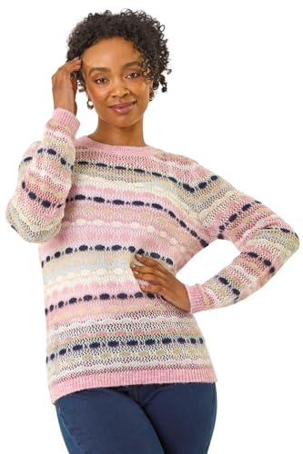 Roman Petite Stripe Knitted Jumper for Women UK - Ladies Everyday Autumn Winter Round Neckline Comfy Soft Evening Vacation Work Party Night Out - Petite Light Pink - Size 10
