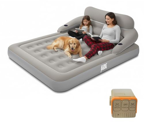 JEASONG Queen Air Mattress with Built-in Battery Pump, Inflatable Mattress with Headboard, 2 Min Fast Inflation Blow Up Mattress, Portable Inflatable Bed Air Mattress for Camping, Guest, Home, Travel