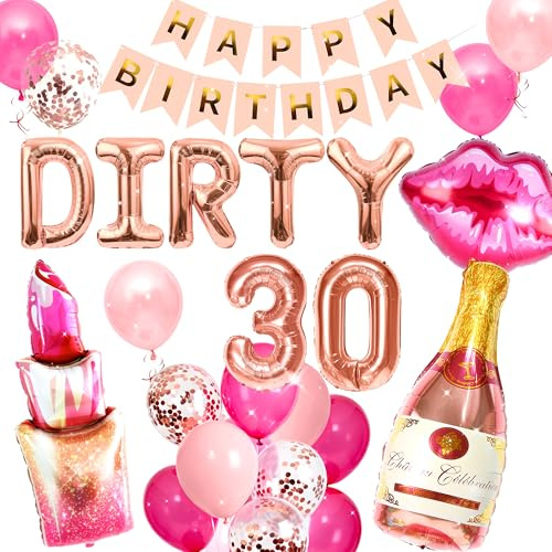 Deko Geburtstag Frau Geburtstagsdeko Roségold Dirty Thirty Luftballons | Deko 30 Geburtstag Frau Geburtstagsdeko Roségold Dirty Thirty Luftballons Banner Lippenstift Folienballons Lippenballons
