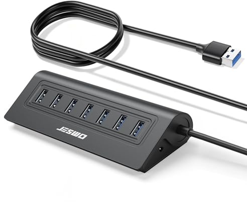 USB 3.0 Hub 7 Ports, JESWO USB Hub Multi USB Extender for PC Laptop | Aluminium, 3.4Ft Long Cable, 5Gbps USB Extension, Connect all USB-A Device (Power Adapter Not Included)