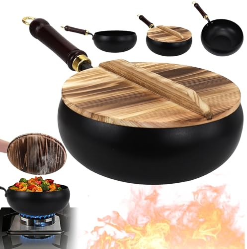 DHNDO Nonstick Iron Wok Pan with Wooden Lid, 24cm Uncoated Japanese Iron Pan with Wooden Handle, Stir Fry Pot for Electric Stoves, Induction Cookers and Gas Stoves