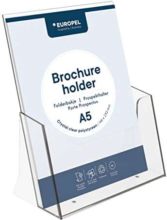 Europel Prospekthalter Aufsteller - Injektion Prospektständer - DIN A5 - Transparent - Broschürenständer für Büros - Broschürenhalter im Hochformat für Menü, Faltblatt, Flyer