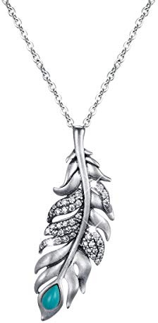 GW Damen Halskette 925 Sterling Silber mit Feder Anhänger Zirkonia Edelstein Damenhalskette Ketten Geschenk (Silber-XLY084)