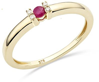 MIORE Schmuck Damen 0.02 Ct Diamant Verlobungsring mit Edelstein Geburtsstein natürlicher roter Rubin und 4 Diamanten Brillanten Ring aus Gelbgold 9 Karat (375) Gold