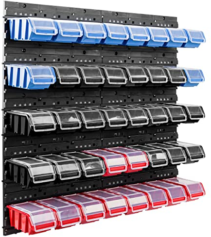 40 Stapelboxen Wandregal 80x80cm Kunsttoff Klarsichtdeckel Box blau rot schwarz Stapelboxen Schüttenregal Sichtlagerkästen
