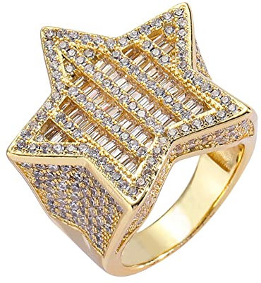 DFWY Iced Out Pentagramm Hip Hop Ring – 18 Karat Vergoldeter Bling 3D Stern Zirkon Simulierter Diamantring – Männer Frauen Verlobungsring Schmuck(Gold,07)