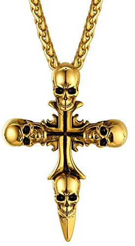 Skeleton Necklaces Goth Cross Necklace Skull Necklace Gold Punk Necklace Gothic Jewelry for Men Pirate Jewelry Biker Necklace Devil Chain
